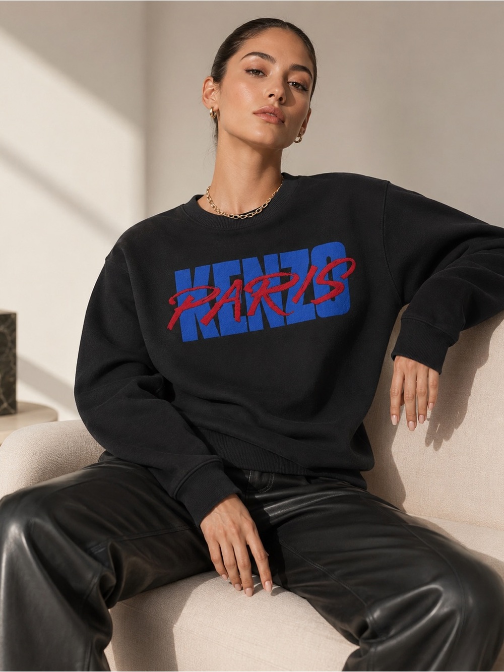 Kenzo Paris Black Crewneck Sweater with Ribbed Detailing. Small